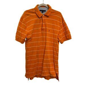 Tommy Hilfiger Mens Large Orange Striped Polo Shirt Cotton Casual Wear L